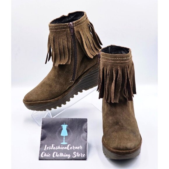 Fly London Women's Brown Suede Leather Fringe Wedge Ankle Booties Sz 7.5 2188 - Picture 1 of 16